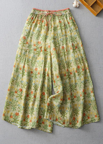 Yellow Print Lace Up Elastic Waist Linen Wide Leg Pants Summer