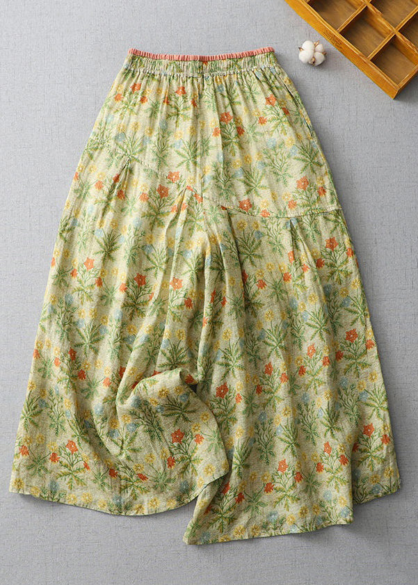 Yellow Print Lace Up Elastic Waist Linen Wide Leg Pants Summer
