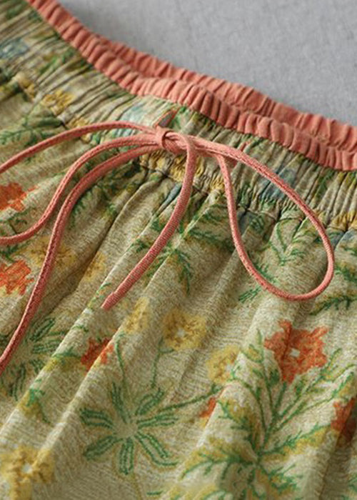 Yellow Print Lace Up Elastic Waist Linen Wide Leg Pants Summer