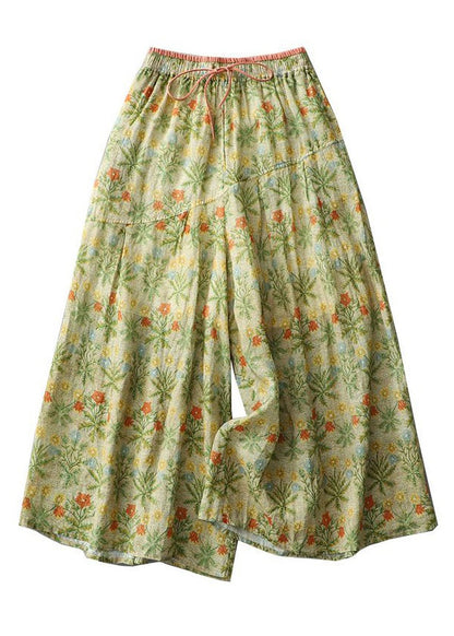 Yellow Print Lace Up Elastic Waist Linen Wide Leg Pants Summer