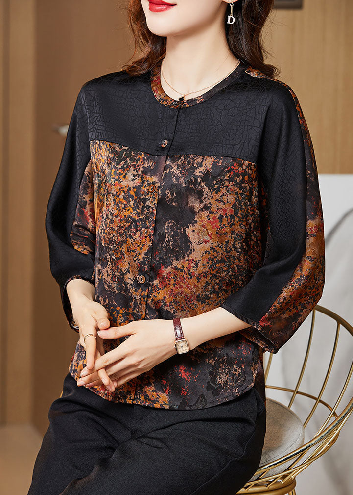 Yellow Print O-neck Button Patchwork Silk Shirt Tops Bracelet Sleeve