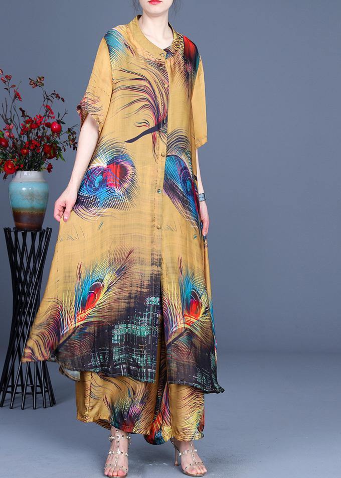 Yellow Print O-neck Silk Two Pieces Set Summer