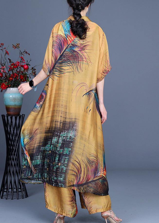Yellow Print O-neck Silk Two Pieces Set Summer