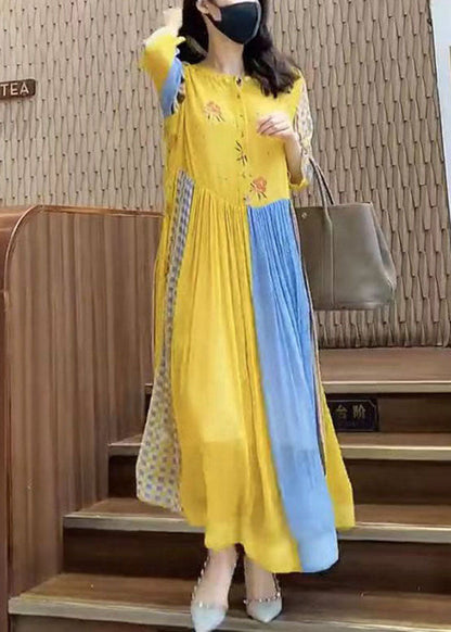 Yellow Print Patchwork Chiffon Vacation Dresses Spring