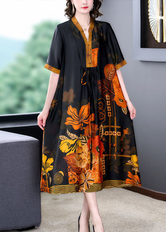 Yellow Print Pockets Wrinkled Patchwork Silk Dress Summer