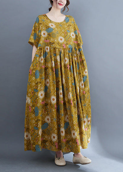 Yellow Print Wrinkled Holiday Long Dresses Summer