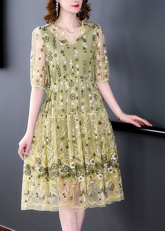 Yellow Ruffled Embroideried Tulle Party Dress Summer