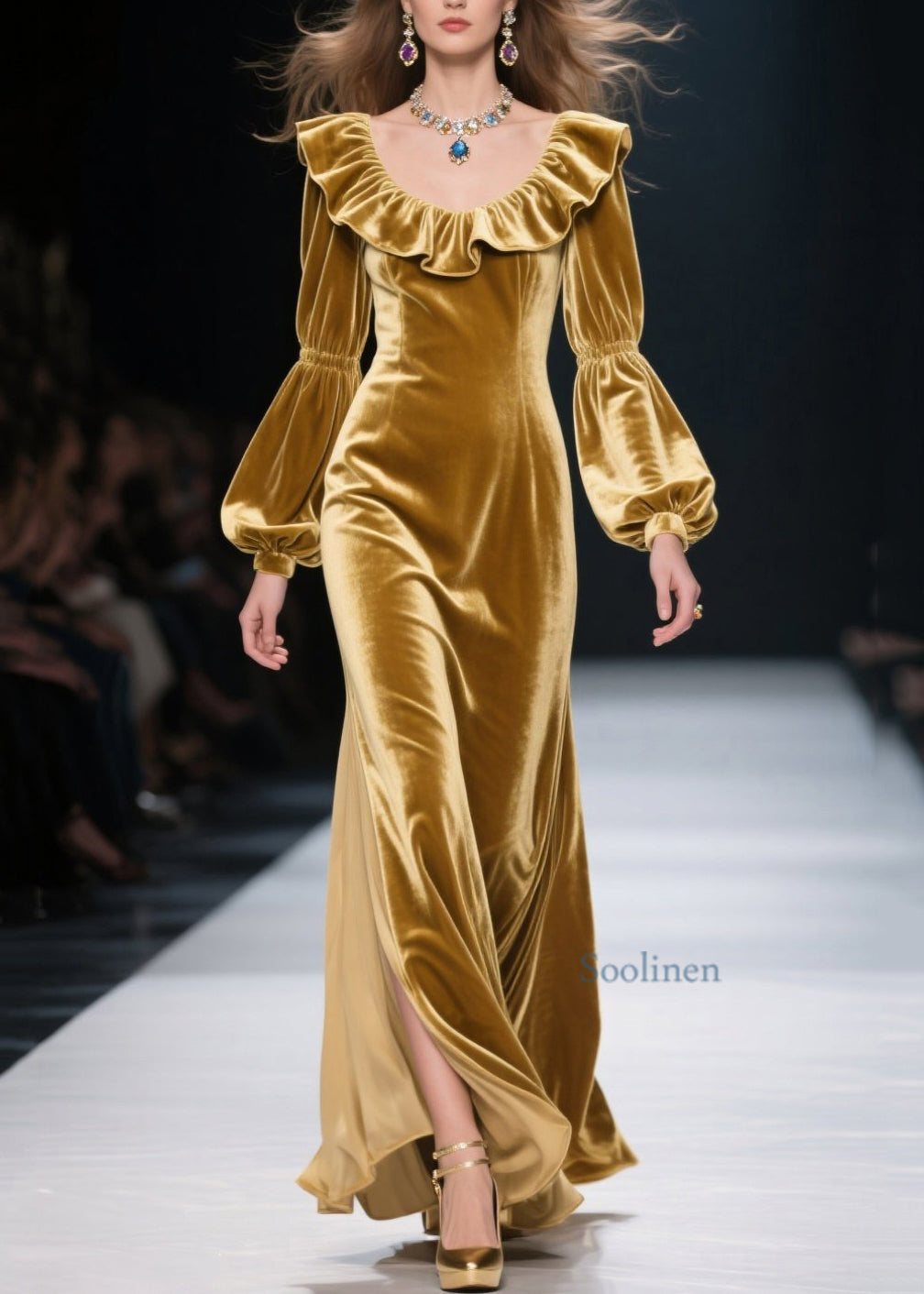 Yellow Ruffled Patchwork Velvet Long Dress Spring