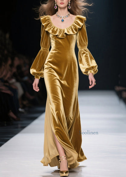 Yellow Ruffled Patchwork Velvet Long Dress Spring