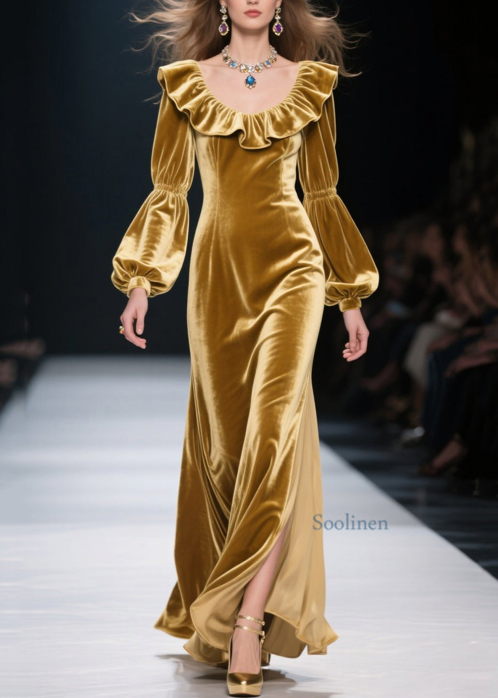 Yellow Ruffled Patchwork Velvet Long Dress Spring