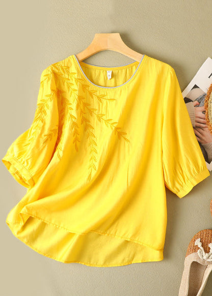 Yellow Color O-neck Embroideried Linen Top Half Sleeve