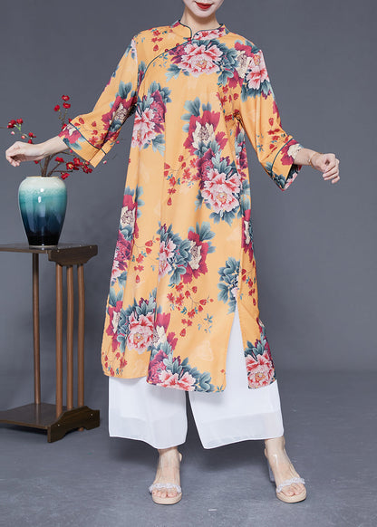 Yellow Stand Collar Print Silk Dresses Bracelet Sleeve