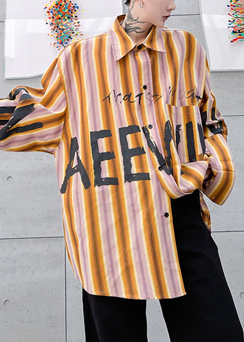 Yellow Striped Letter Low High Design Cotton Shirt Spring