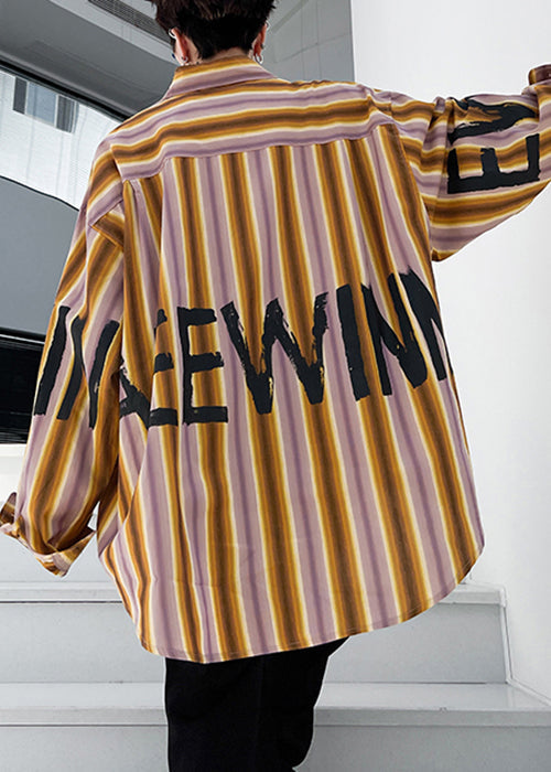 Yellow Striped Letter Low High Design Cotton Shirt Spring