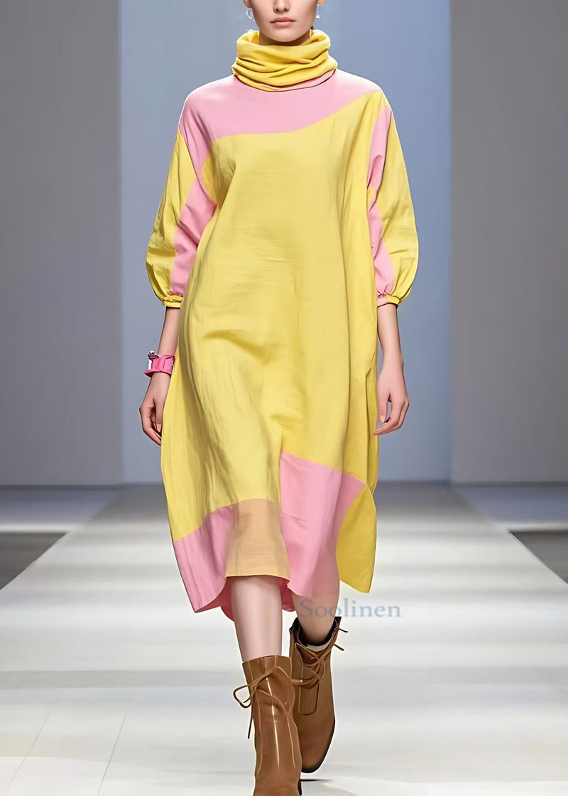 Yellow Turtleneck Patchwork Cotton Dress Half Sleeve