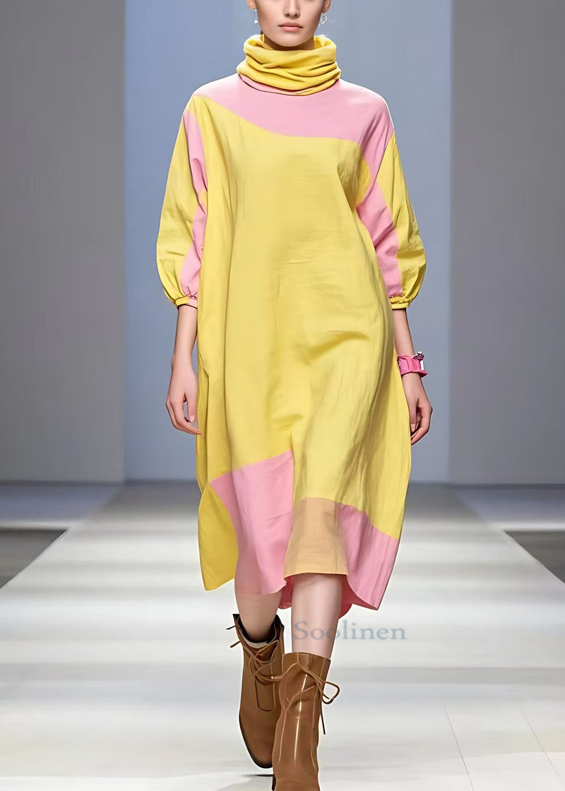 Yellow Turtleneck Patchwork Cotton Dress Half Sleeve