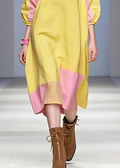 Yellow Turtleneck Patchwork Cotton Dress Half Sleeve