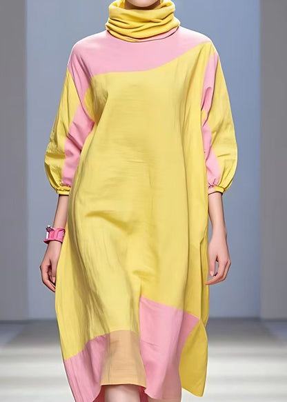 Yellow Turtleneck Patchwork Cotton Dress Half Sleeve