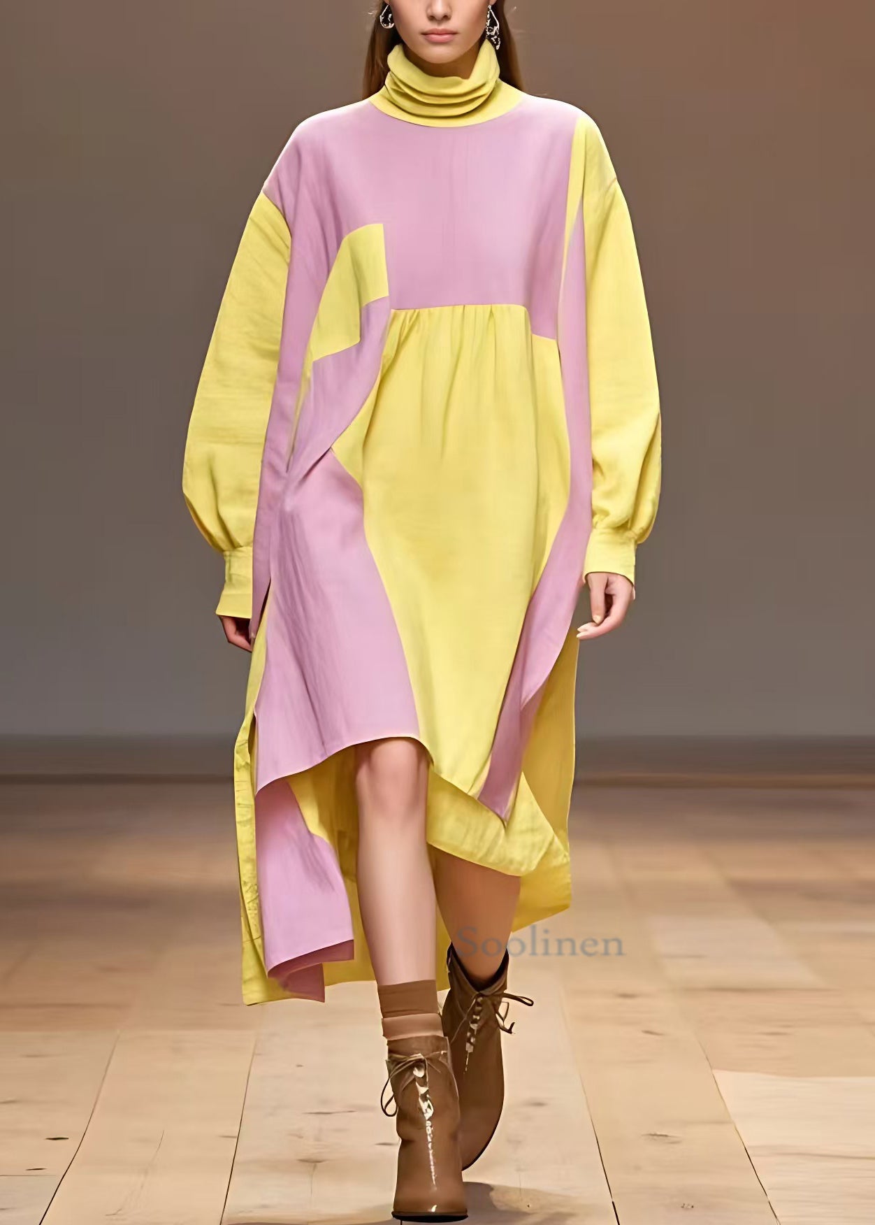 Yellow Turtleneck Patchwork Cotton Dresses Long Sleeve
