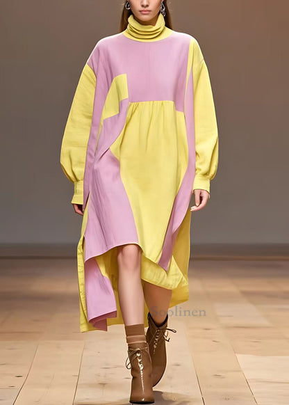 Yellow Turtleneck Patchwork Cotton Dresses Long Sleeve