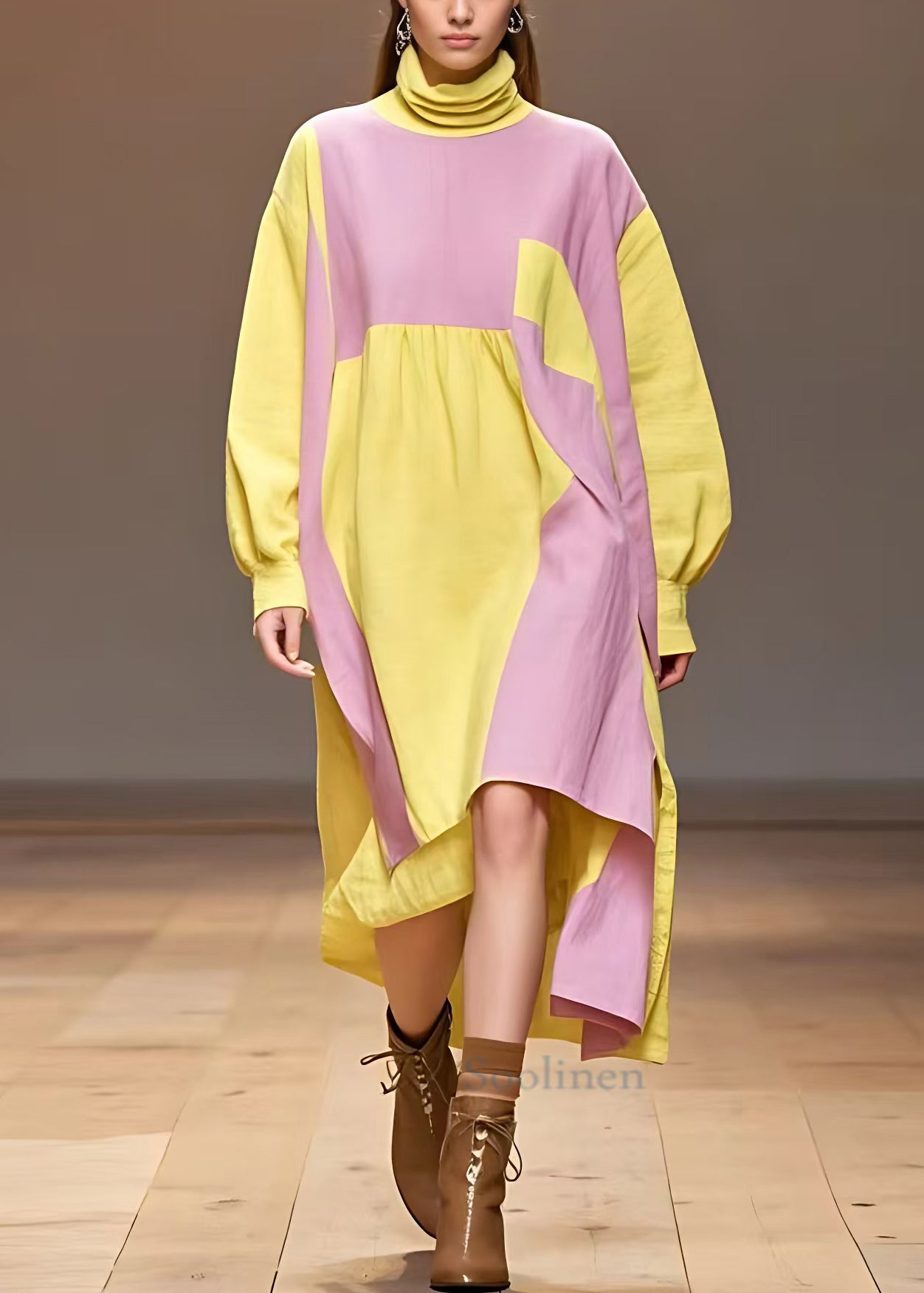 Yellow Turtleneck Patchwork Cotton Dresses Long Sleeve