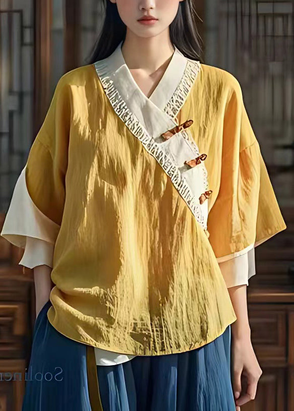 Plus Size Yellow V Neck Button Shirt Fall