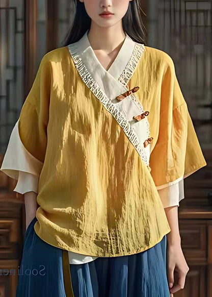 Plus Size Yellow V Neck Button Shirt Fall