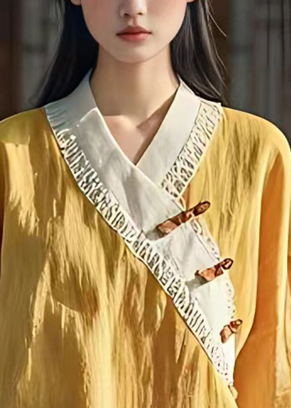 Plus Size Yellow V Neck Button Shirt Fall