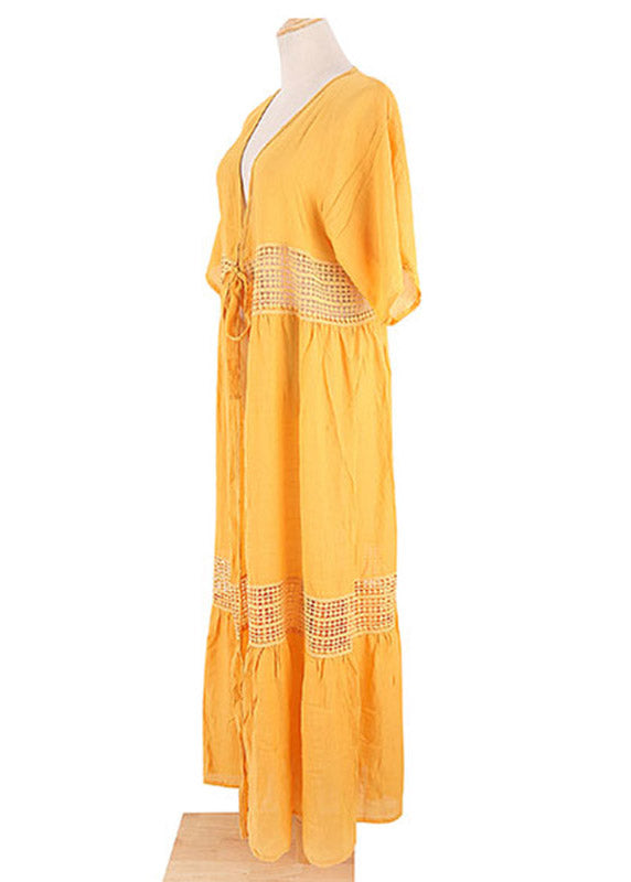 Yellow V Neck Lace Patchwork Tie Waist Long Holiday Dress Short Sleeve