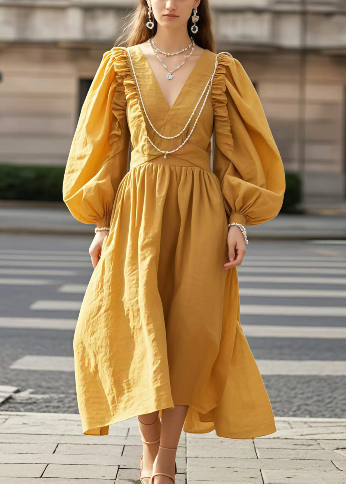 Yellow V Neck Wrinkled Cotton Party Dress Lantern Sleeve