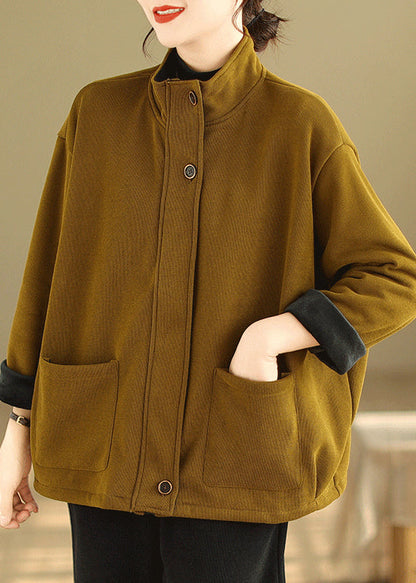 Yellow Zip Up Pockets Patchwork Warm Fleece Coat Fall