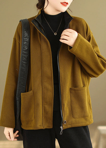 Yellow Zip Up Pockets Patchwork Warm Fleece Coat Fall