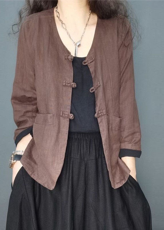 Chocolate Button Pockets V Neck Linen Coat Long Sleeve