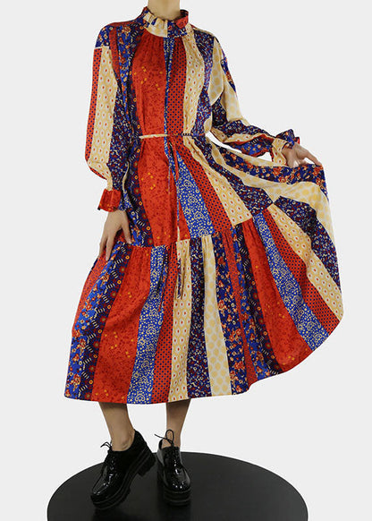 Red Stand Collar Print Long Dress Petal Sleeve