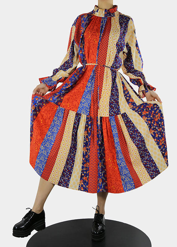 Red Stand Collar Print Long Dress Petal Sleeve