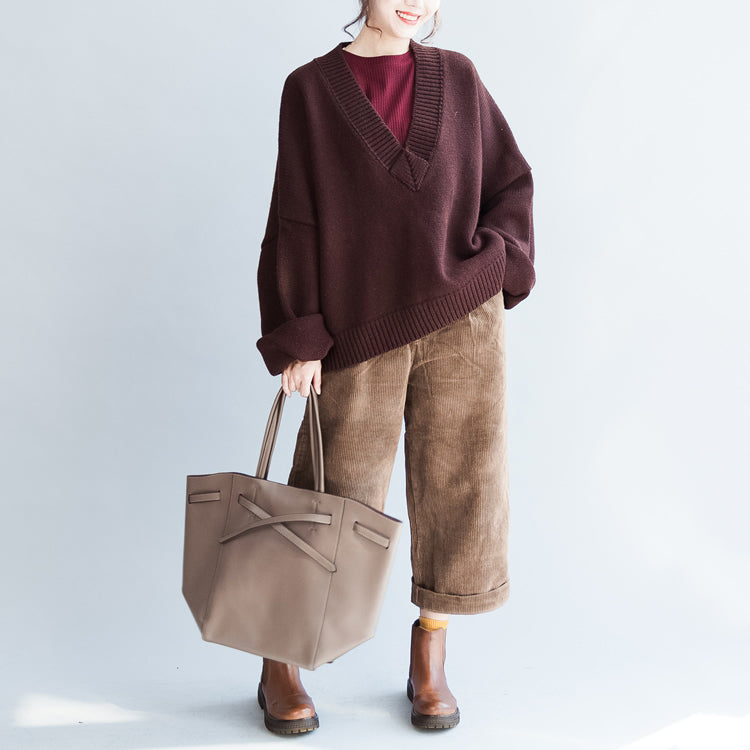 Whiter Cotton Sweaters Burgundy Loose Long Knit Pullover