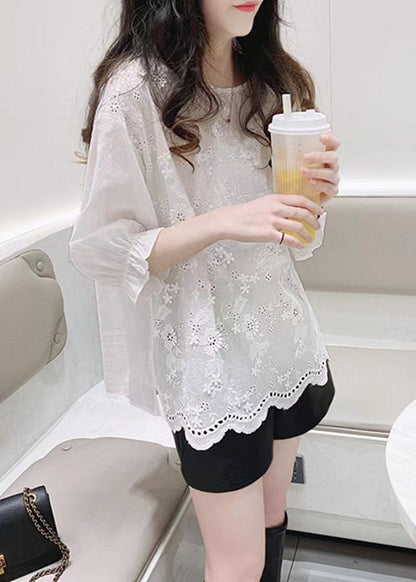White Jacquard Half Sleeve Cotton Blouse Top Summer