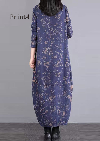 Print Patchwork Cotton Long Dresses V Neck Fall