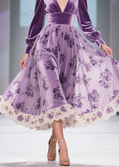 Print Wrinkled High Waist Patchwork Silk Velvet Long Dresses V Neck Spring
