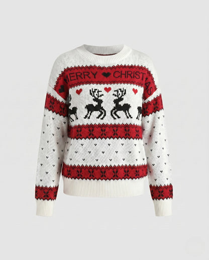 Women's Christmas Knit Sweater with Blue-White Motif and Crew Neck R&B