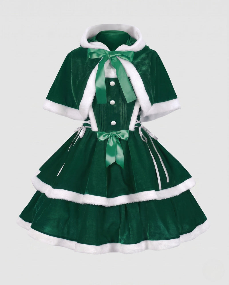 Women's Festive Christmas Dress with Hood and Ruffle Details