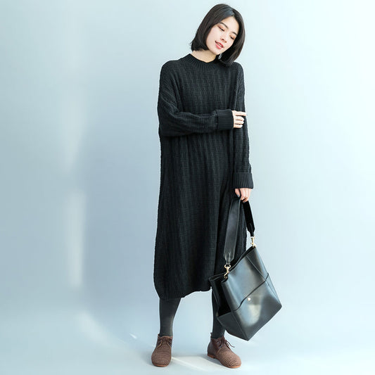 Pullover Sweater Dresses O Neck Black Oversized Knitted Dress
