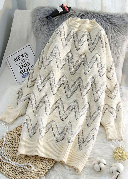 Pullover Beige Sweater Knit Top Pattern Design O Neck Thick Daily Knit Dresses