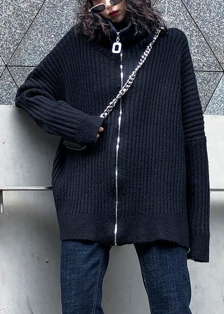 Pullover Black Knit Tops Sweaters High Neck Zippered