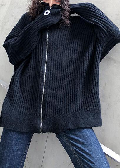 Pullover Black Knit Tops Sweaters High Neck Zippered