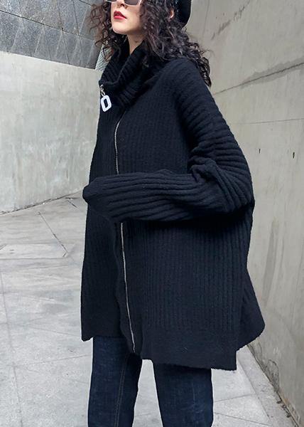 Pullover Black Knit Tops Sweaters High Neck Zippered