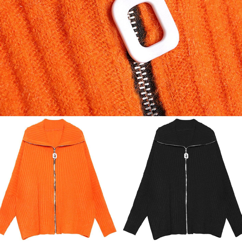 Pullover Black Knit Tops Sweaters High Neck Zippered