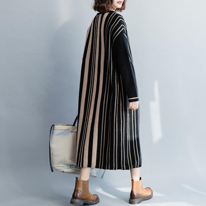 Pullover Black Striped Sweater Dress Outfit Street Style Oversized O Neck Knit Dress