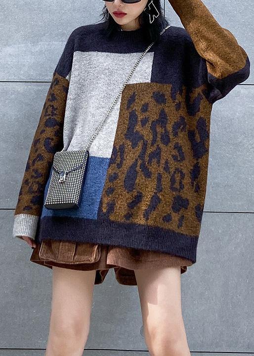 Pullover O Neck Leopard Knit Sweat Tops Patchwork Color Knit Blouse