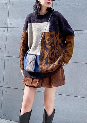 Pullover O Neck Leopard Knit Sweat Tops Patchwork Color Knit Blouse